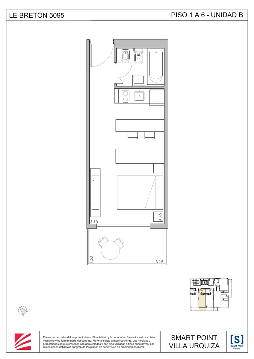 Plano del monoambiente de Smart Point Villa Urquiza