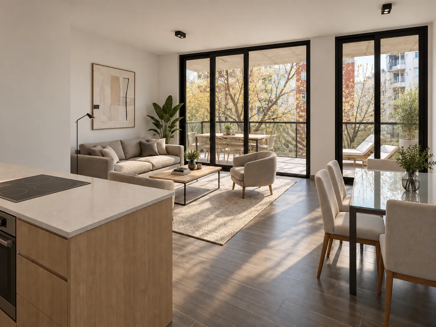 Living comedor de la unidad del último piso de Smart Point Villa Urquiza, abierto a la terraza propia